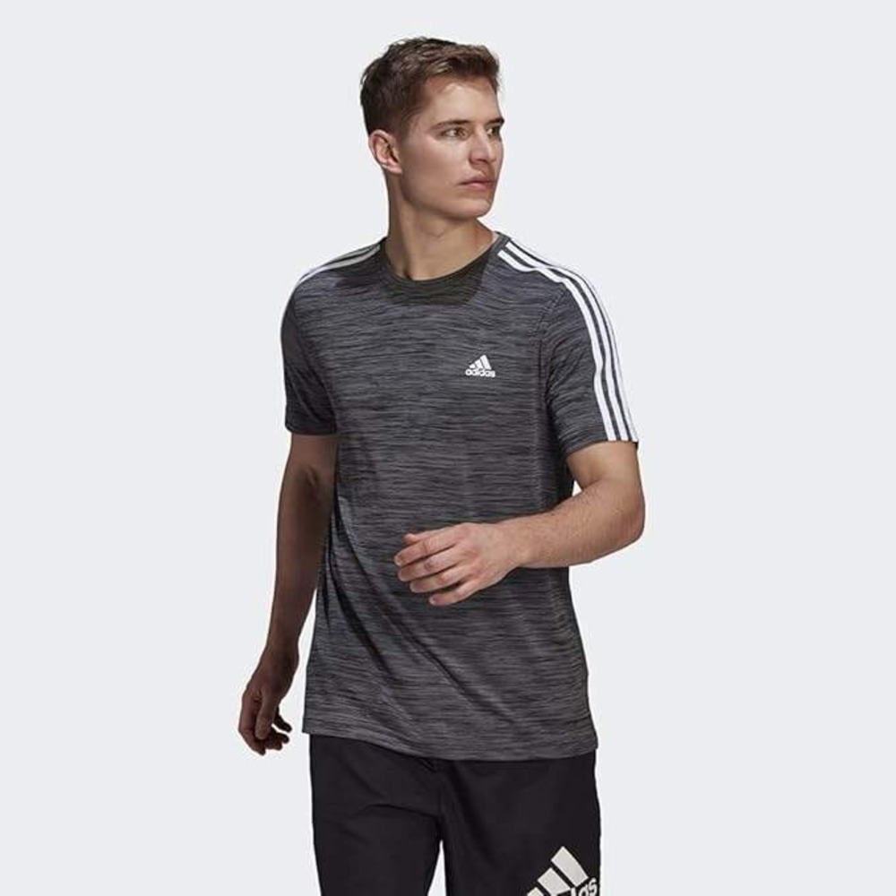 Adidas Mens Designed 2 Move 3-Stripes‎ Tee Black Melange Wicking Athleisure M